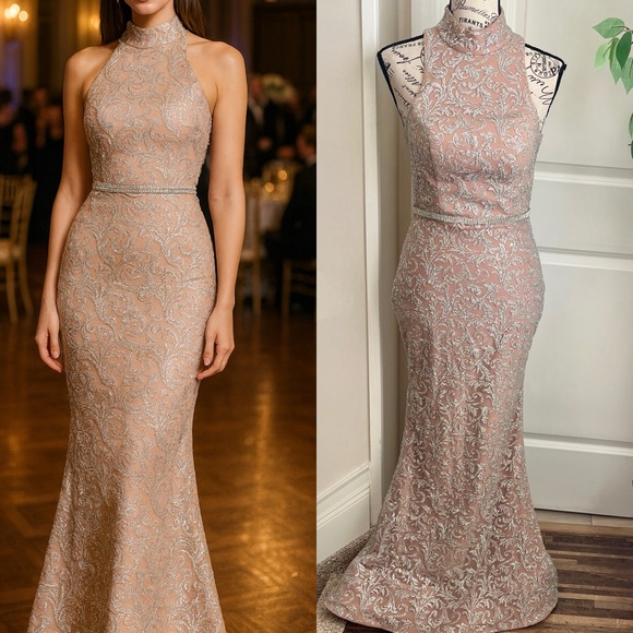 Portia and Scarlett Dresses & Skirts - Portia & Scarlett Embellished High-Neck Halter Mermaid Gown Pink Silver Sz S